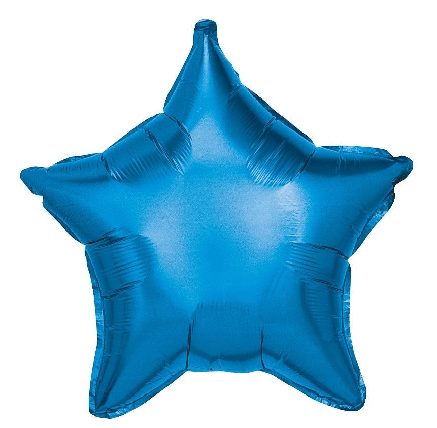 Blue metallic star-shaped foil balloon, 19 inches wide, shiny surface.