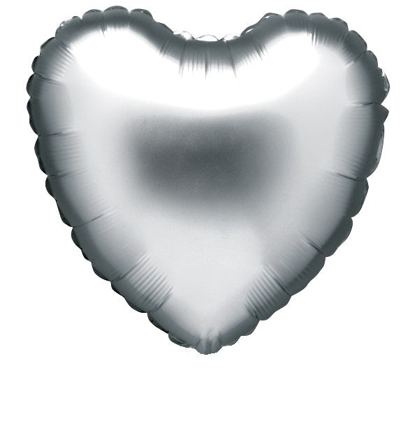 Shiny silver foil balloon in the shape of a heart, 18 inches wide.