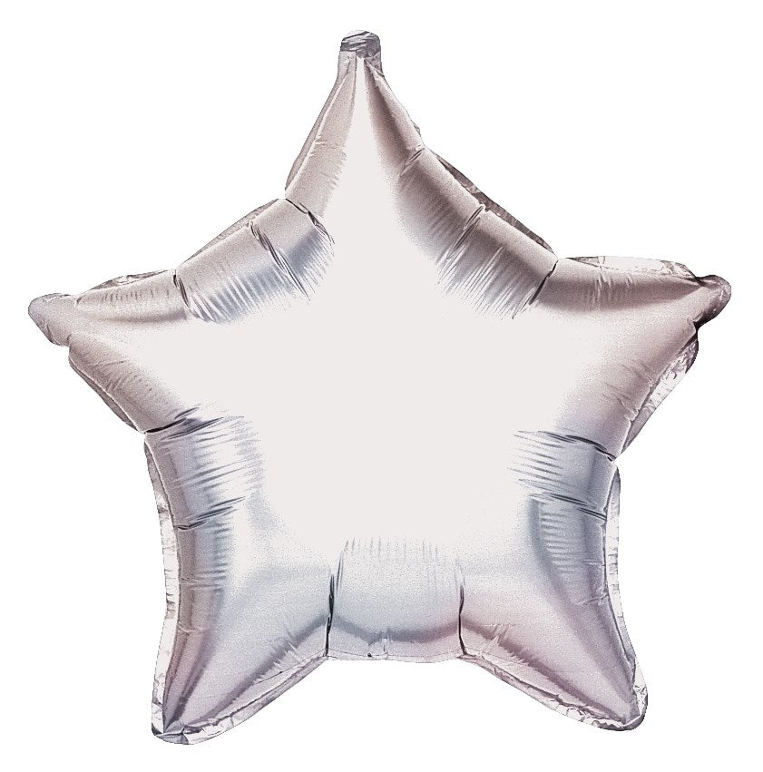 Silver metallic 19-inch star-shaped foil balloon with a shiny surface and five points.