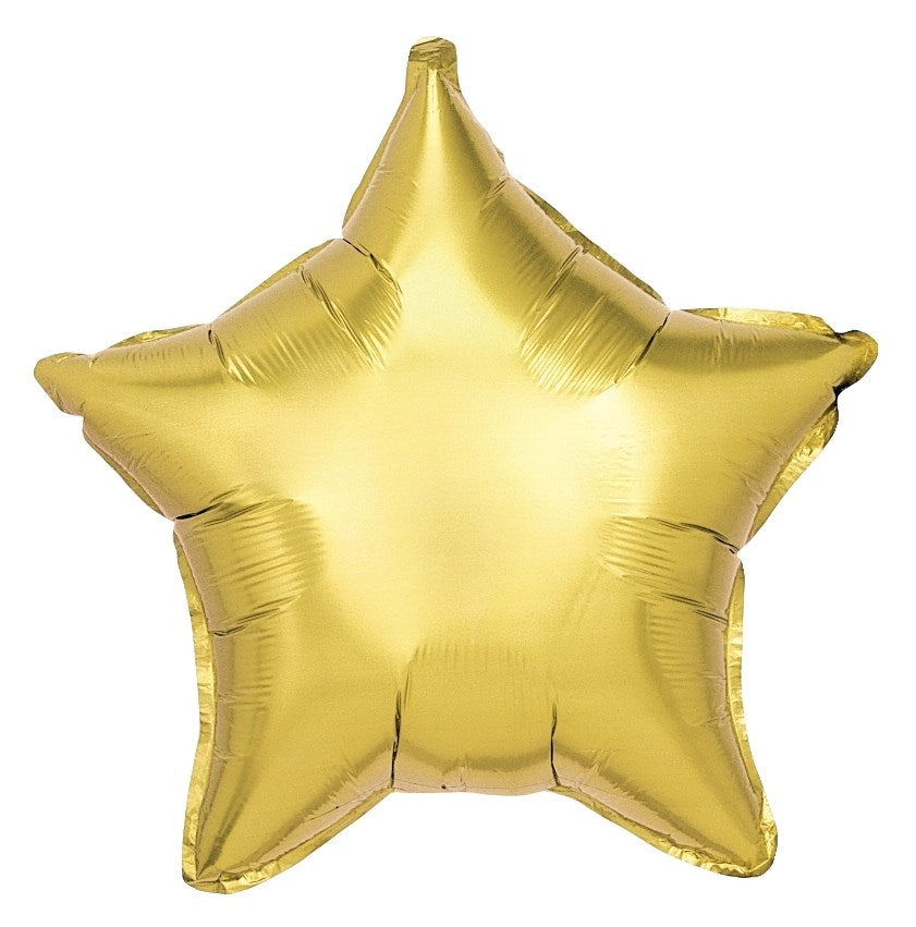 Shiny gold foil balloon shaped like a five-point star, 19 inches wide, inflated.