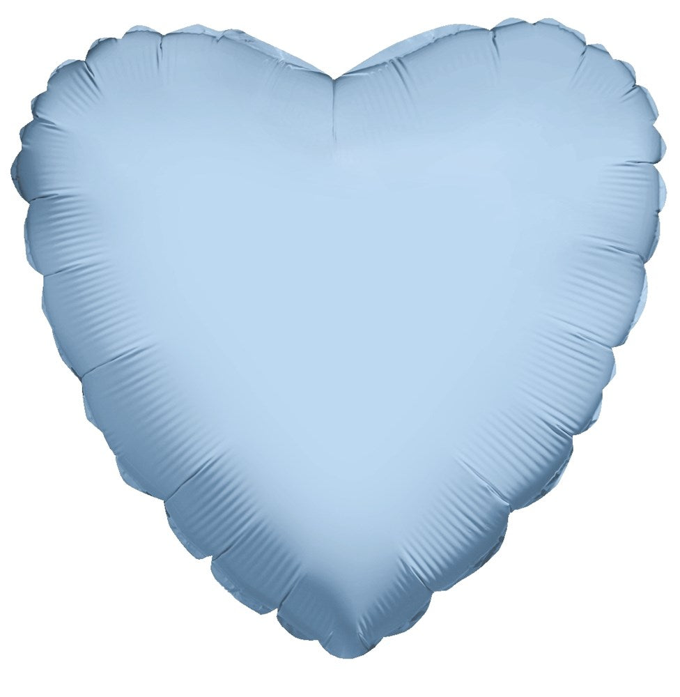 Pastel pearlized light blue heart-shaped foil balloon, 18 inches tall, smooth shiny surface.