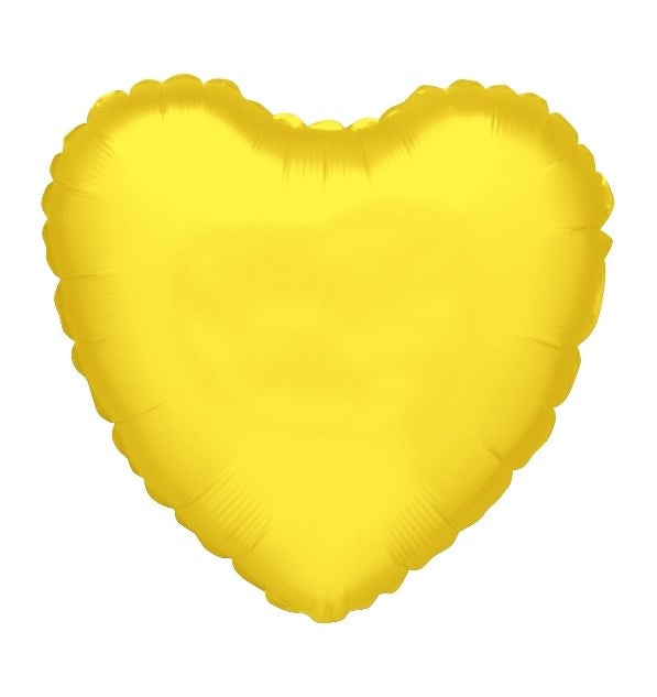Yellow heart-shaped foil balloon with a smooth, shiny surface, 18 inches wide.