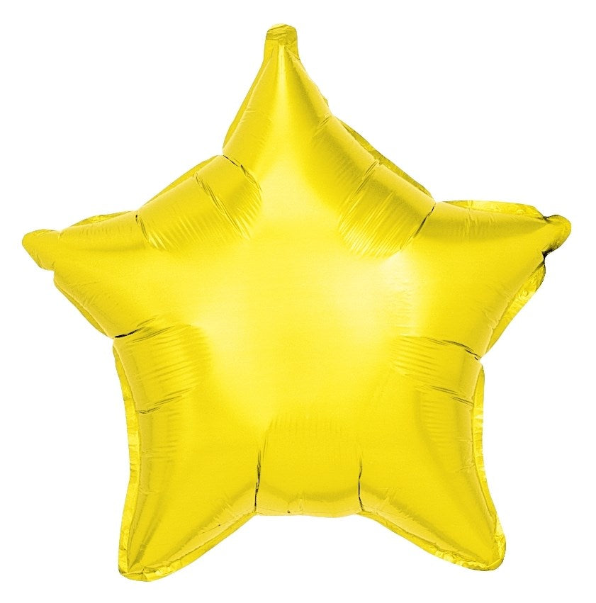 Yellow star-shaped foil balloon with a glossy finish, inflated and measuring 19 inches.