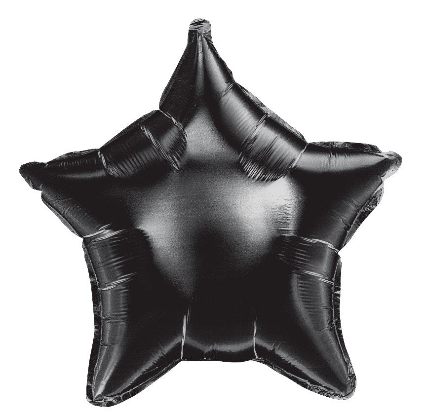 Black shiny foil star-shaped balloon with five points, 19 inches wide, inflated.