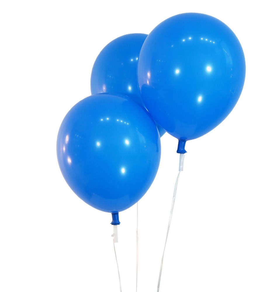 Three shiny royal blue latex balloons inflated and tied with white strings against a white background.