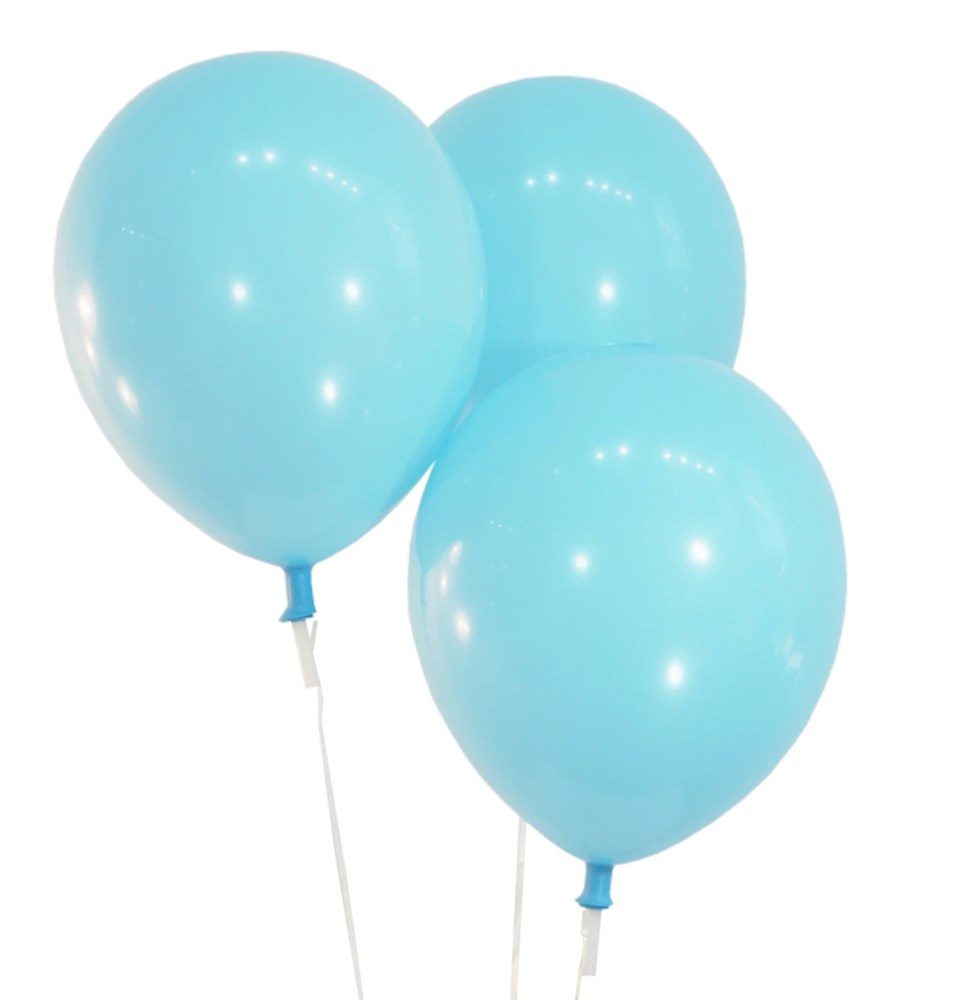 Three inflated sky blue latex balloons with a smooth, glossy surface and rounded shape.