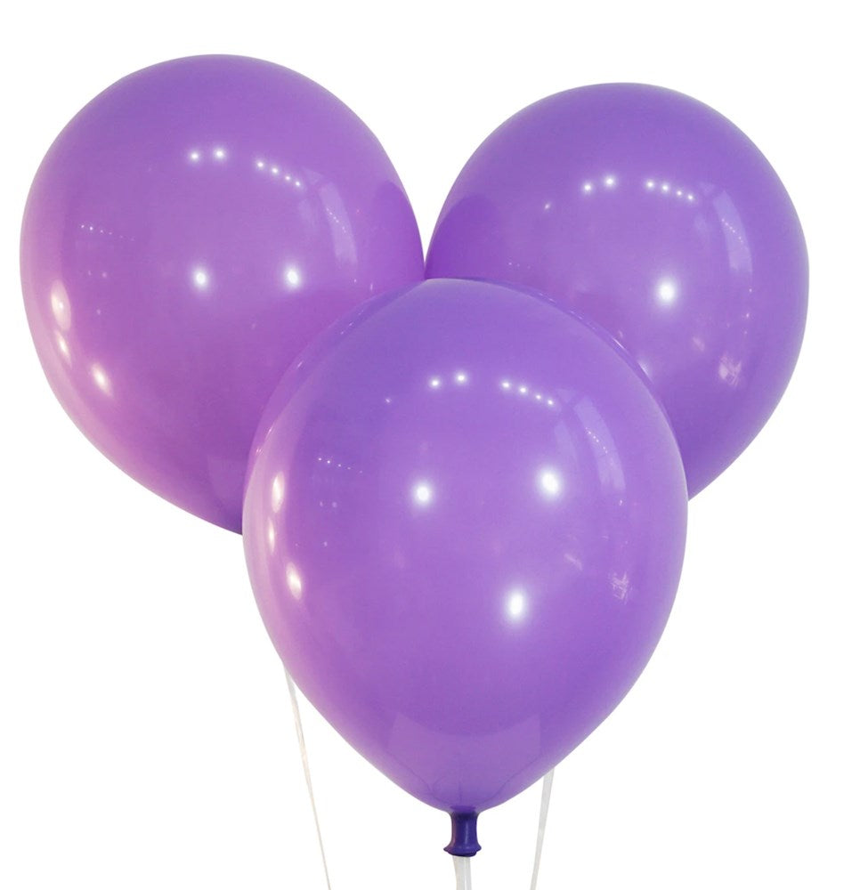 Three shiny lavender latex balloons inflated to 12 inches with tied ends visible.