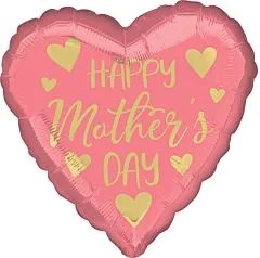 Heart-shaped pink foil balloon with gold "Happy Mother's Day" text and scattered hearts.