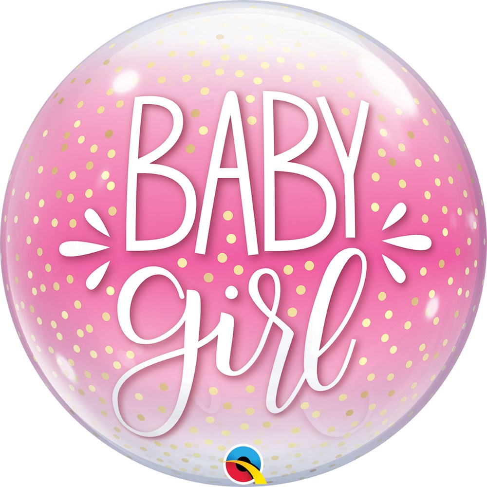 Round transparent bubble balloon with pink gradient, gold confetti dots, and white "Baby Girl" script text.