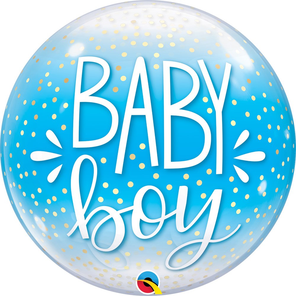 Round clear bubble balloon with blue gradient and gold confetti dots, white "BABY boy" text.