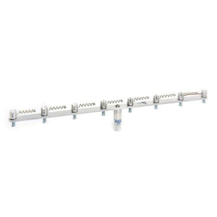 24-inch silver metal rod with eight evenly spaced adjustable clamp heads and spring mechanisms.
