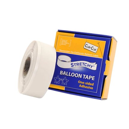 Roll of clear stretchy balloon tape with blue and yellow packaging labeled "One-sided Adhesive".
