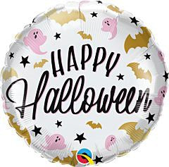Round white foil balloon with pink ghosts, gold bats, black stars, and "Happy Halloween" text in black script.