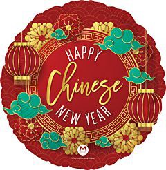Red round foil balloon with gold and teal floral designs, red lanterns, and "Happy Chinese New Year" in gold script.