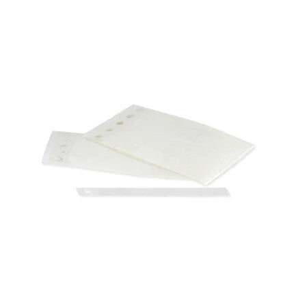 White plastic HangTabs with punched holes, flat rectangular shape, 50-count pack.