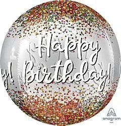 16-inch round foil balloon with gold, rose gold, and black confetti sequins and "Happy Birthday" in white script.