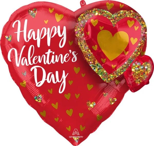 Red heart-shaped foil balloon with "Happy Valentine's Day" text and glittery nested hearts design.