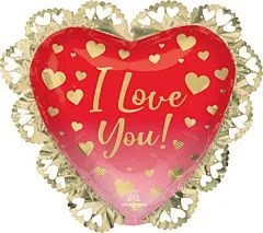Red heart-shaped foil balloon with gold ombre "I Love You!" text and scattered gold hearts, surrounded by a gold foil.