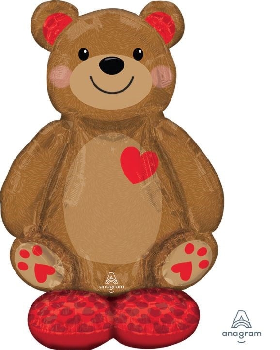48-inch brown foil teddy bear balloon with red heart, smiling face, and red paw prints.
