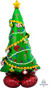 59-inch green foil Christmas tree balloon with colorful ornaments, candy canes, and a yellow star topper.