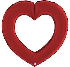 Large red satin balloon shaped as a hollow heart with smooth, shiny surface.