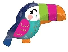 Colorful foil balloon shaped like a toucan with a large orange, pink, and green beak and blue body.