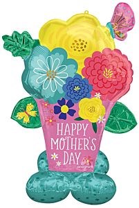 Colorful foil balloon shaped like a bouquet of flowers in a pink pot with "Happy Mother's Day" text.