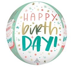 Round foil balloon with "Happy Birthday!" text in gold, red, and teal, decorated with colorful confetti stars.