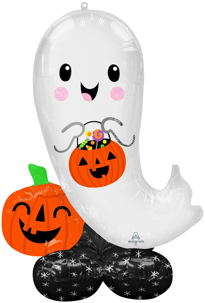 53-inch white ghost foil balloon holding smiling pumpkin bucket, standing on black star-patterned base balloon.