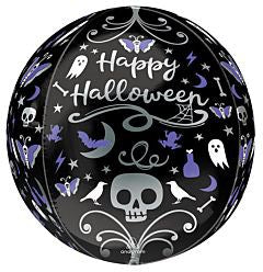 Black 16-inch round foil balloon with white skull, ghosts, bats, and "Happy Halloween" text.