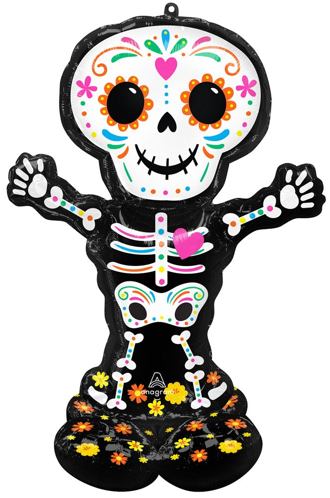 52-inch standing skeleton balloon with colorful Day of the Dead sugar skull design and floral accents.