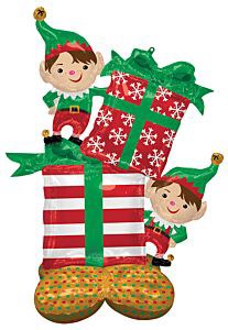53-inch foil balloon shaped like two cheerful Christmas elves holding a large red and white striped present with a green bow.