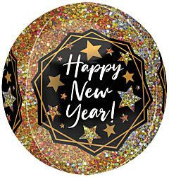 Round 16-inch foil balloon with gold and silver glitter sparkles and black center featuring "Happy New Year!" text and star.