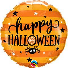 Orange round foil balloon with black and white stars, spider web, and "Happy Halloween" text.