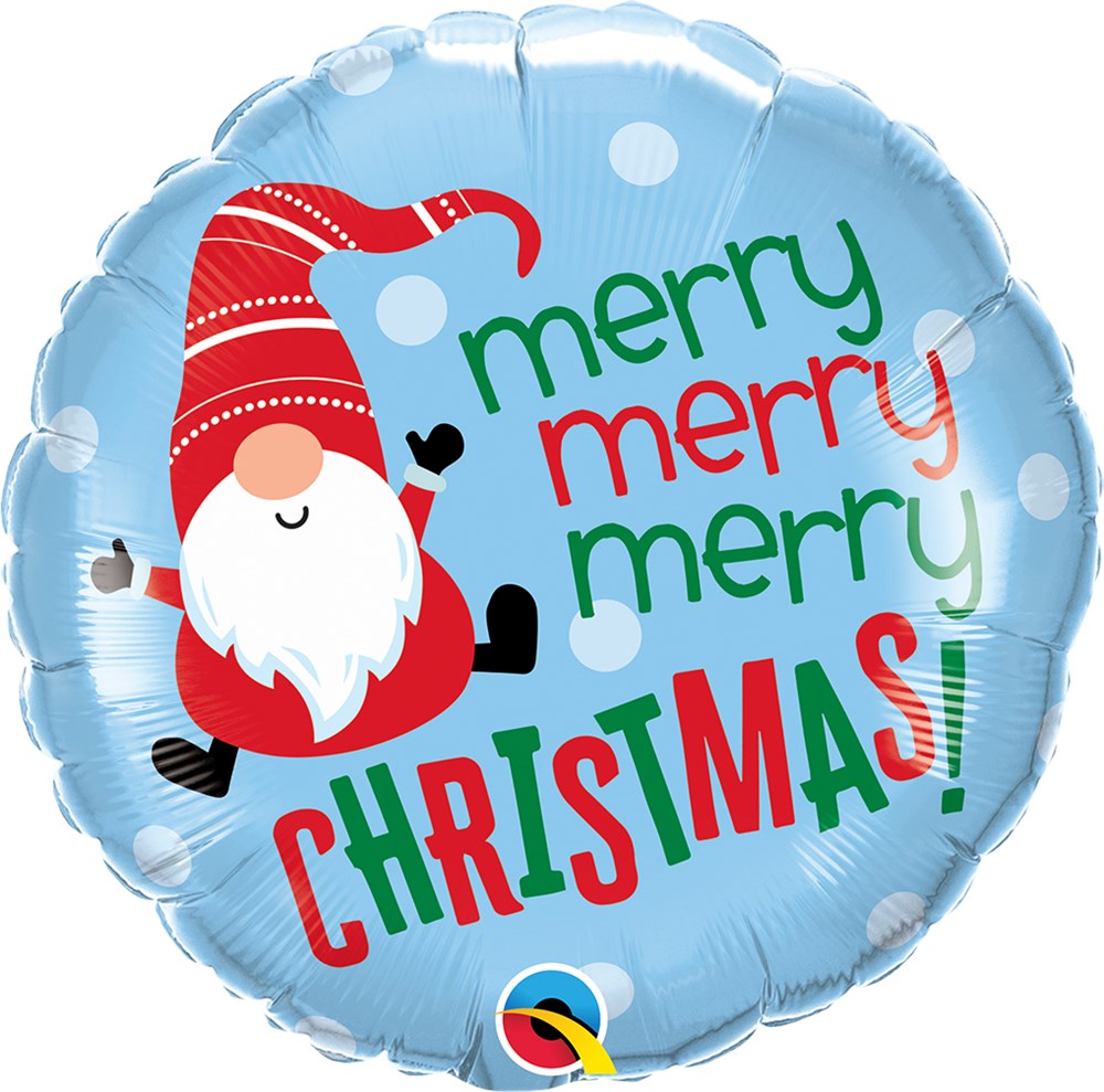 Round foil balloon with a blue background featuring a red and white striped gnome and colorful "Merry Merry Merry.
