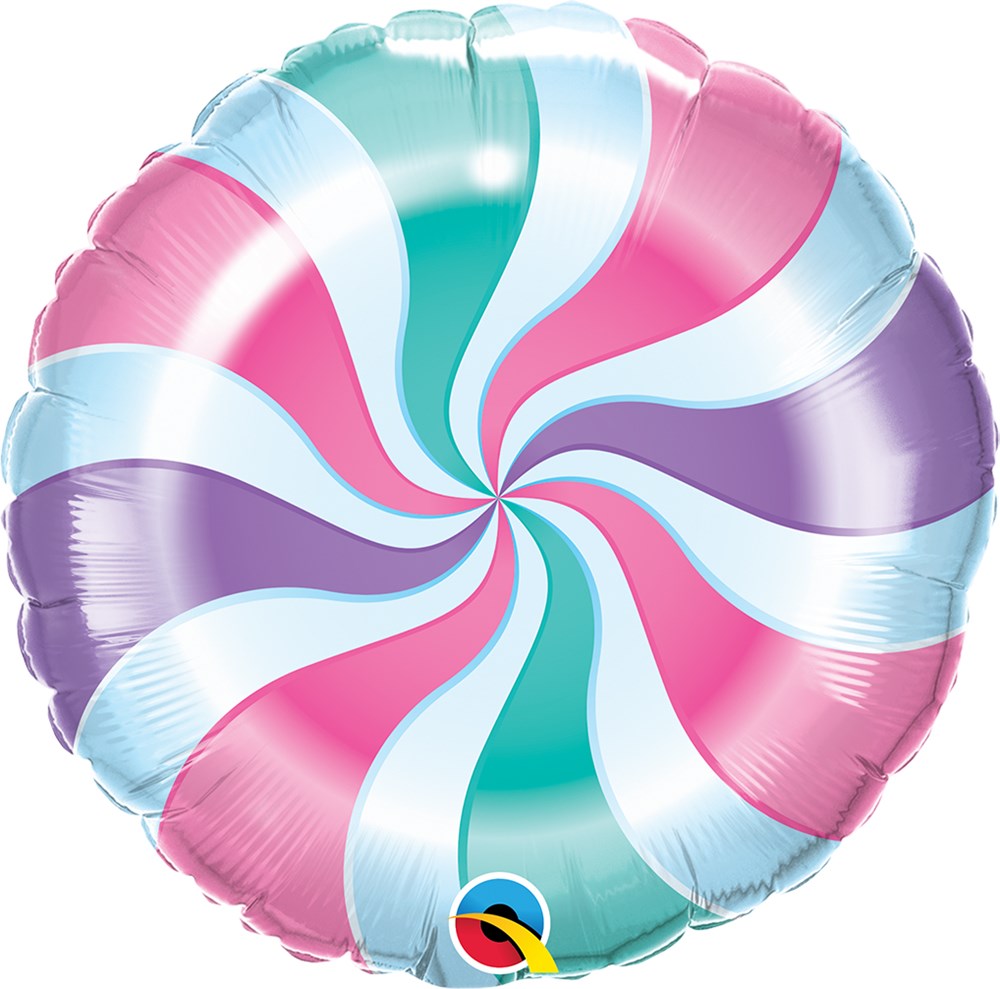 Round 18-inch foil balloon with pastel pink, purple, teal, and white swirl pattern.