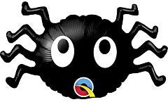 Black spider-shaped foil balloon with large white eyes and eight wavy legs, flat design.