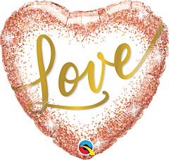 Heart-shaped rose gold foil balloon with glitter dots and gold "Love" script text, 18-inch flat design.