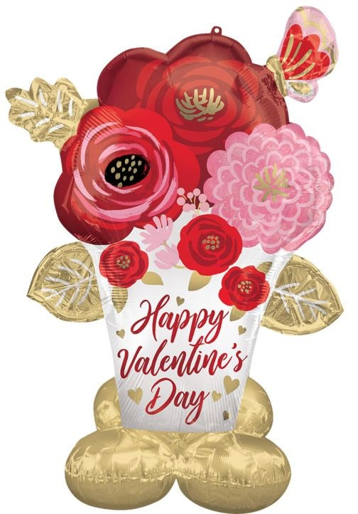 Satin-painted foil balloon shaped like a bouquet with red and pink flowers, gold leaves, and "Happy Valentine's Day" text on