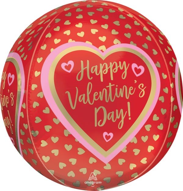 Red 16-inch round foil balloon with gold hearts and "Happy Valentine's Day!" text inside a pink and white heart outline.