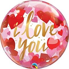 22-inch round bubble balloon with pink and red paper hearts and gold "I love you" text.