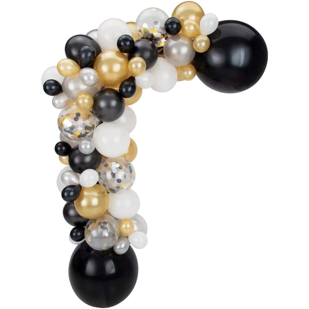 Black, gold, white, and clear confetti latex balloon garland with two large black foil ORBZ balloons at each end.