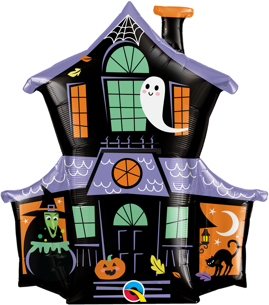Black haunted house foil balloon with purple roof, ghost, witch, pumpkin, spiderweb, and black cat details.