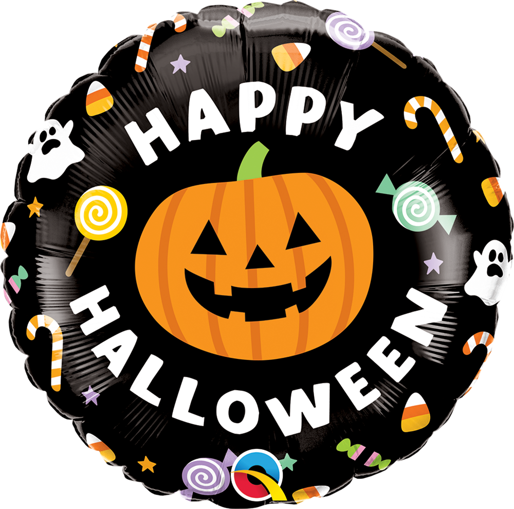 Black round foil balloon with a smiling jack-o'-lantern and "Happy Halloween" text surrounded by candy and ghost.
