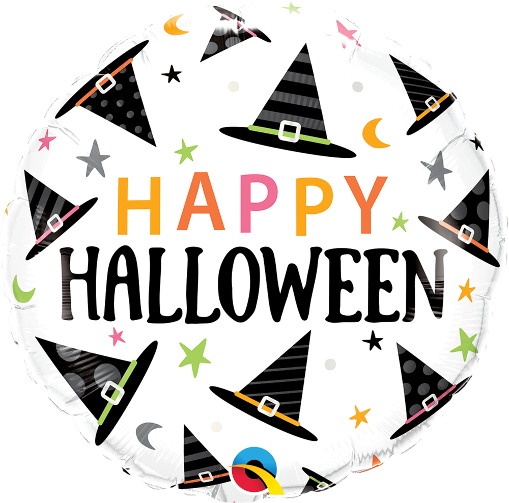 Round white foil balloon with "Happy Halloween" text and black witch hats with colorful stars and moons.
