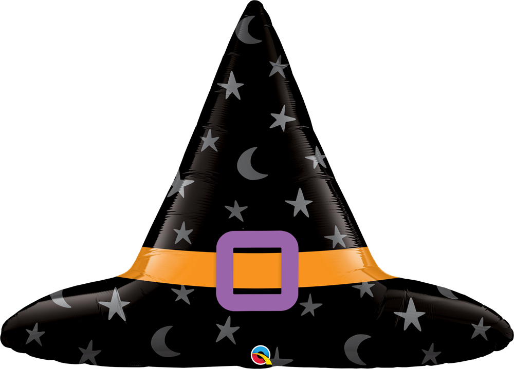 Black foil balloon shaped like a witch's hat with silver stars and moons, orange band, and purple buckle.