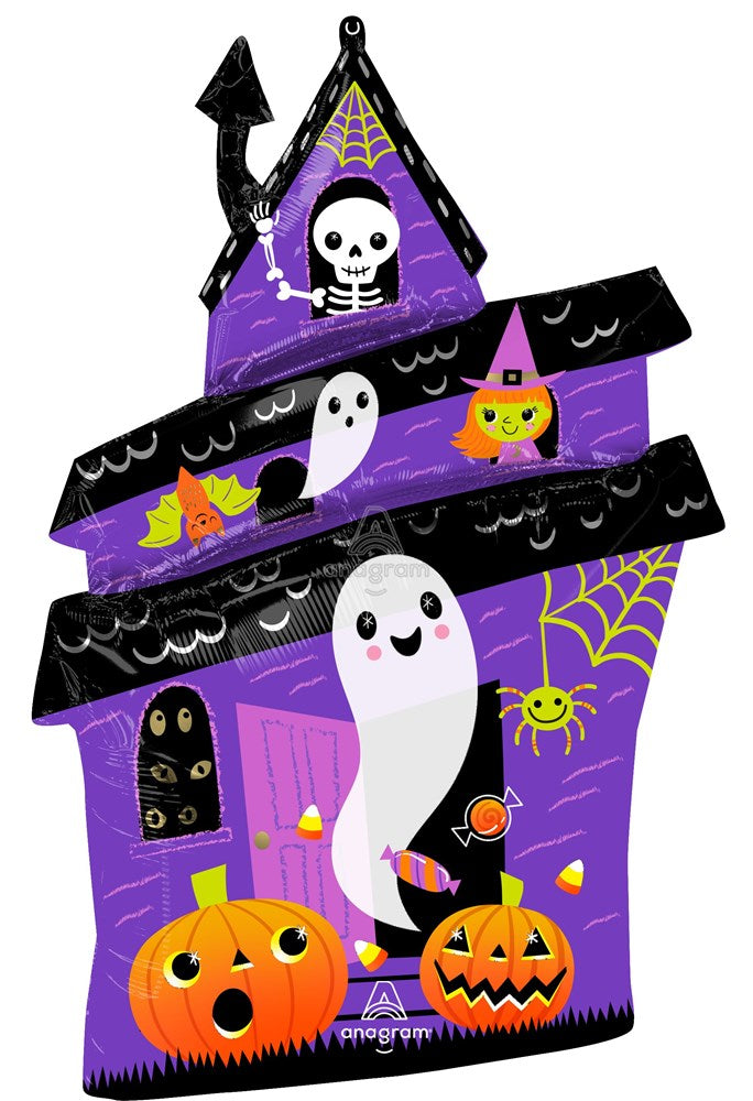 Purple haunted house foil balloon with ghosts, pumpkins, a skeleton, and spider web designs.