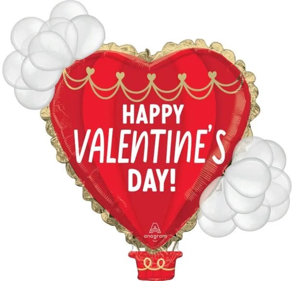 Red heart-shaped foil balloon with gold scalloped edges, white clusters resembling clouds, and "Happy Valentine's Day!" in.