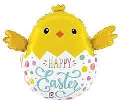 Yellow foil balloon shaped like a chick hatching from a white Easter egg decorated with pastel polka dots and "Happy Easter"