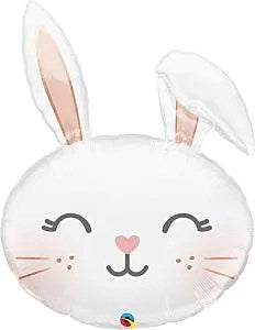 White foil balloon shaped like a bunny face with floppy ears, pink nose, and closed smiling eyes.